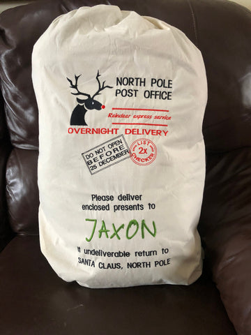 Personalised Santa Christmas Sack Present Gift Drawstring Bag Cotton natural reusable Xmas